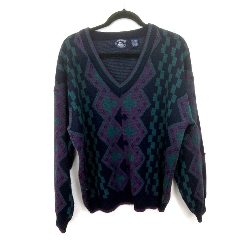 VTG 90s Atlantic‎ Traders Sweater Sz L Blue Green Grandpa Geometric Retro Cosby